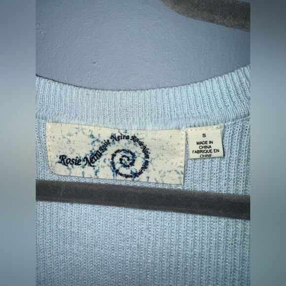 Rosie Neira Anthropologie blue floral Embroidered Sleeve knit sweater Size Small - Picture 6 of 9